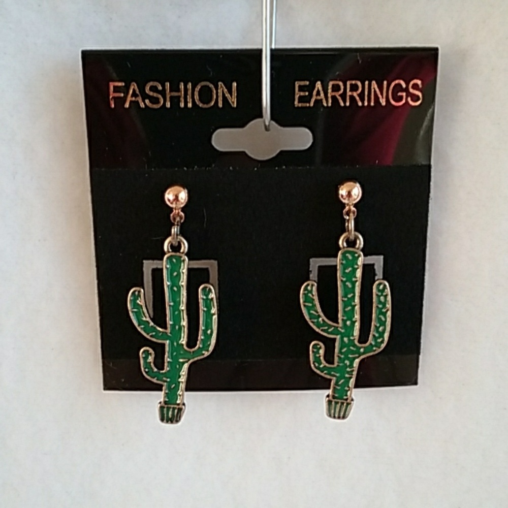 Womens green & gold cactus post earrings